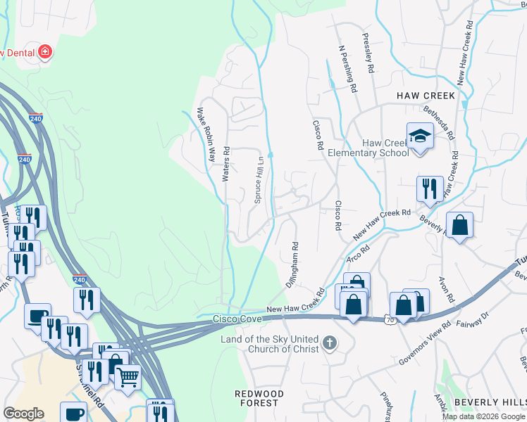 map of restaurants, bars, coffee shops, grocery stores, and more near 1C Hedgerose Court in Asheville