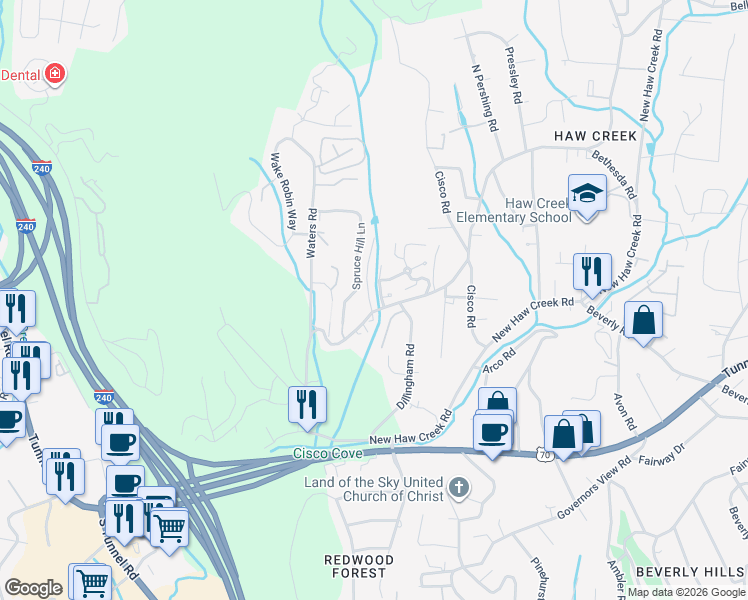 map of restaurants, bars, coffee shops, grocery stores, and more near 1C Hedgerose Court in Asheville