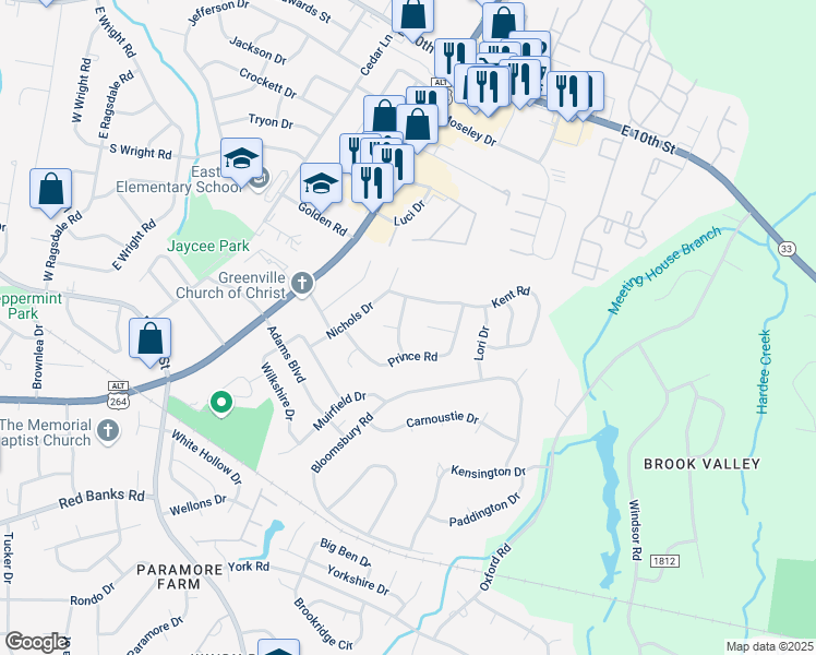 map of restaurants, bars, coffee shops, grocery stores, and more near 104 Valley Ln in Greenville