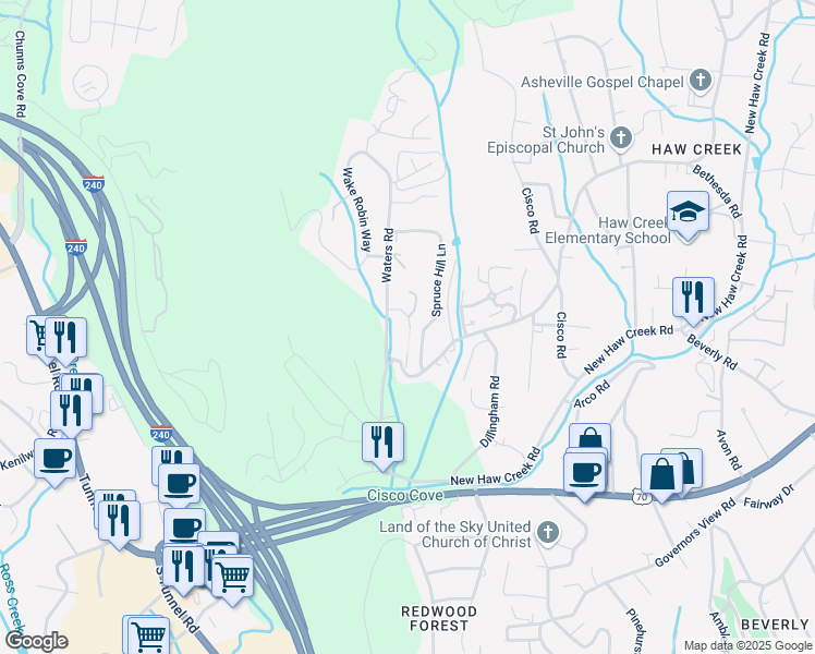 map of restaurants, bars, coffee shops, grocery stores, and more near 99999 Manchester Drive in Asheville