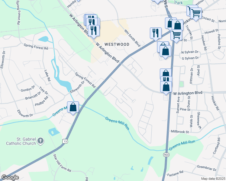 map of restaurants, bars, coffee shops, grocery stores, and more near 3020 Spring Creek Road in Greenville