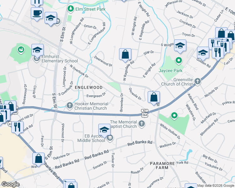 map of restaurants, bars, coffee shops, grocery stores, and more near 1603 North Overlook Drive in Greenville
