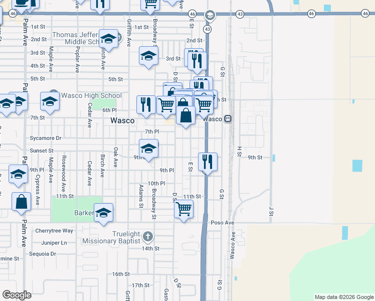 map of restaurants, bars, coffee shops, grocery stores, and more near 841 E Street in Wasco