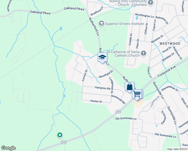 map of restaurants, bars, coffee shops, grocery stores, and more near 120 Westfield Drive in Columbia