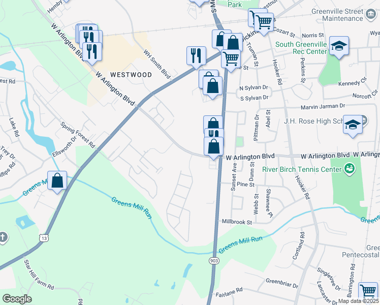 map of restaurants, bars, coffee shops, grocery stores, and more near 1610 W Arlington Blvd in Greenville
