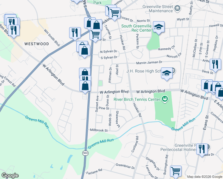 map of restaurants, bars, coffee shops, grocery stores, and more near 1002 West Arlington Boulevard in Greenville