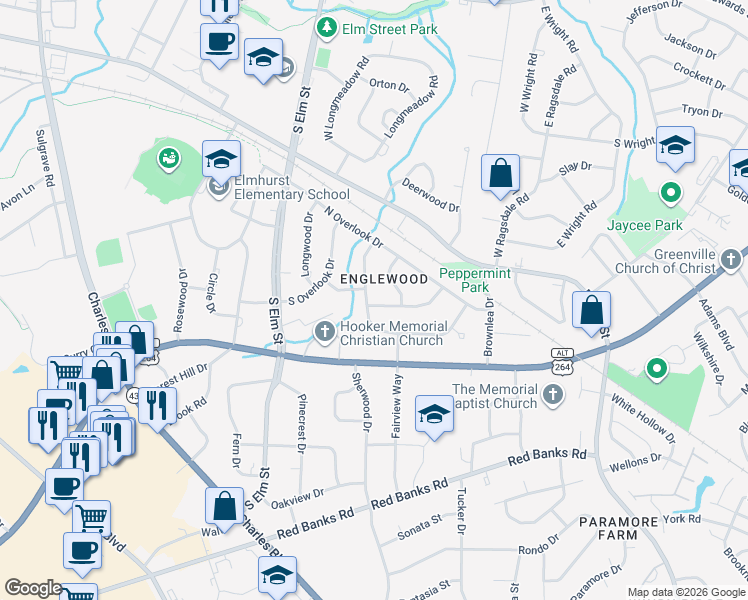 map of restaurants, bars, coffee shops, grocery stores, and more near 1301 Evergreen Drive in Greenville