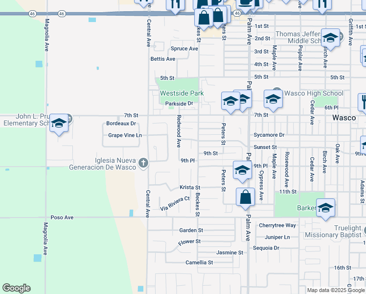map of restaurants, bars, coffee shops, grocery stores, and more near 930 Redwood Avenue in Wasco