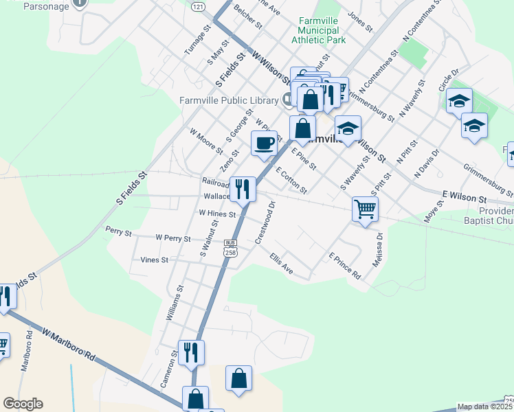 map of restaurants, bars, coffee shops, grocery stores, and more near 3921 S Main St in Farmville