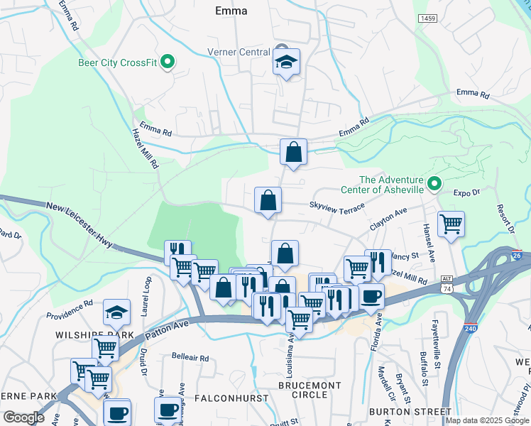 map of restaurants, bars, coffee shops, grocery stores, and more near 411 Hazel Mill Road in Asheville