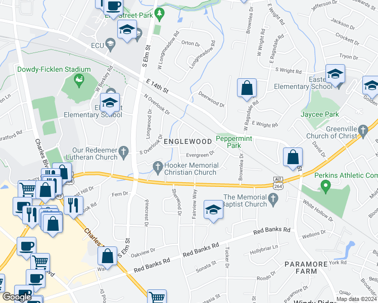 map of restaurants, bars, coffee shops, grocery stores, and more near 1305 Evergreen Drive in Greenville