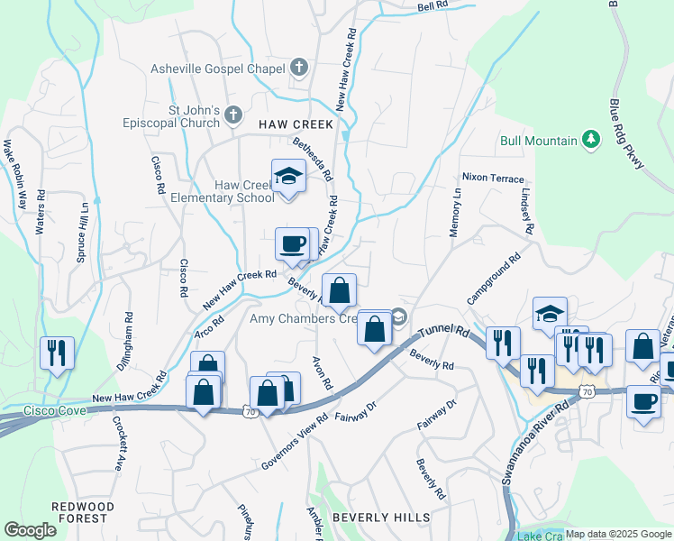 map of restaurants, bars, coffee shops, grocery stores, and more near 295 Haw Creek Mews Drive in Asheville