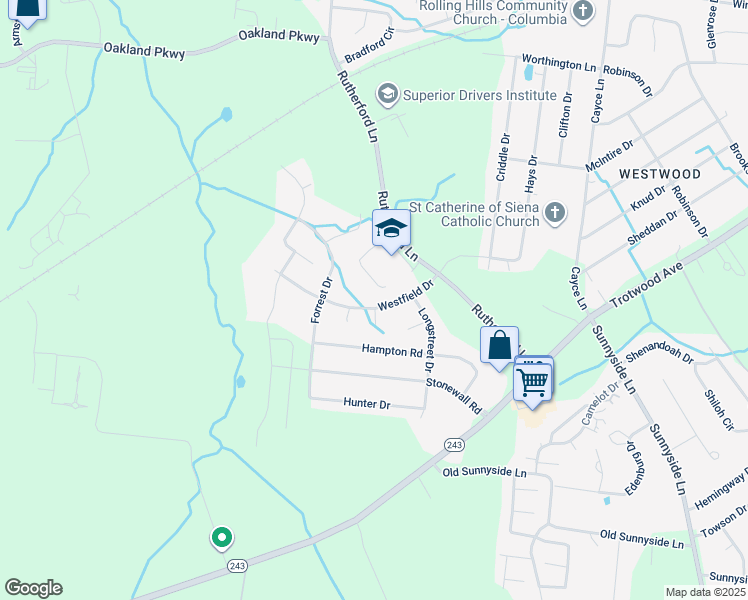 map of restaurants, bars, coffee shops, grocery stores, and more near 120 Westfield Drive in Columbia