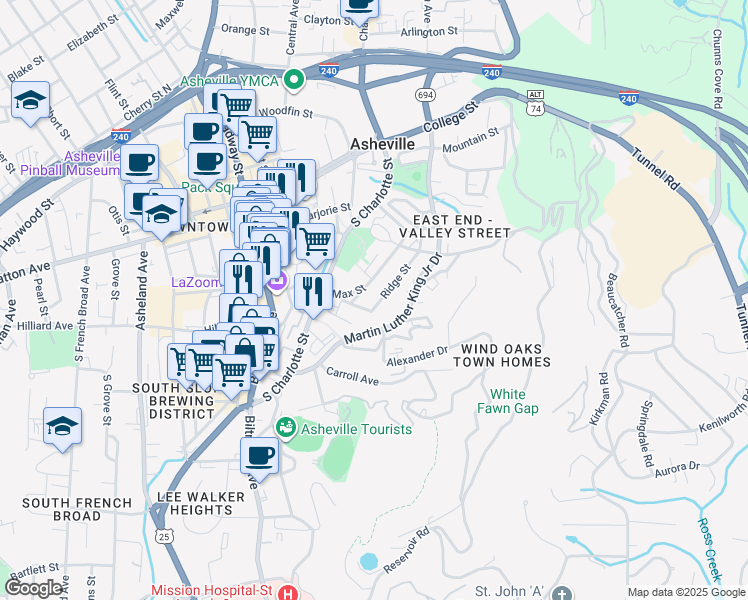 map of restaurants, bars, coffee shops, grocery stores, and more near 64 Ridge Street in Asheville