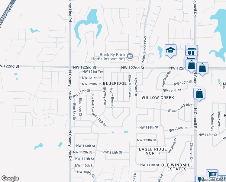 map of restaurants, bars, coffee shops, grocery stores, and more near 12000 Moon Beam Drive in Oklahoma City