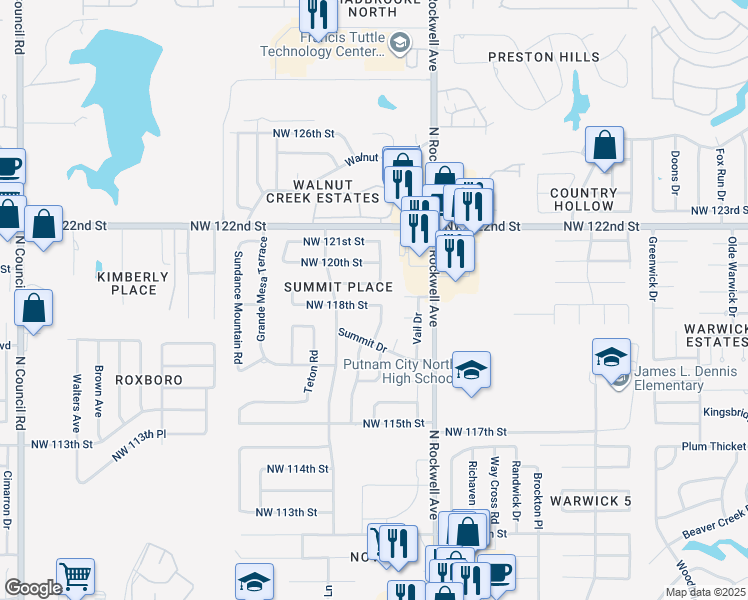 map of restaurants, bars, coffee shops, grocery stores, and more near 7209 Northwest 118th Street in Oklahoma City