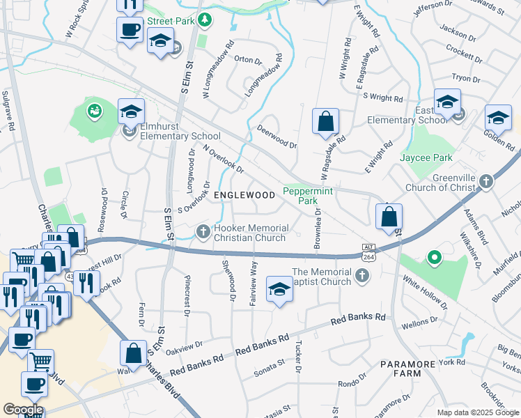 map of restaurants, bars, coffee shops, grocery stores, and more near 1612 Oaklawn Drive in Greenville