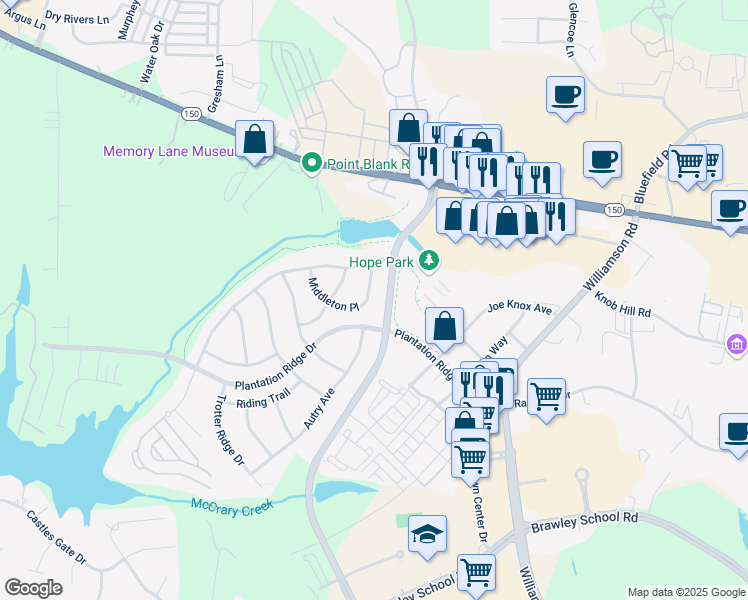 map of restaurants, bars, coffee shops, grocery stores, and more near 119 Middleton Place in Mooresville