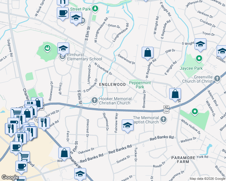 map of restaurants, bars, coffee shops, grocery stores, and more near 1301 Evergreen Drive in Greenville