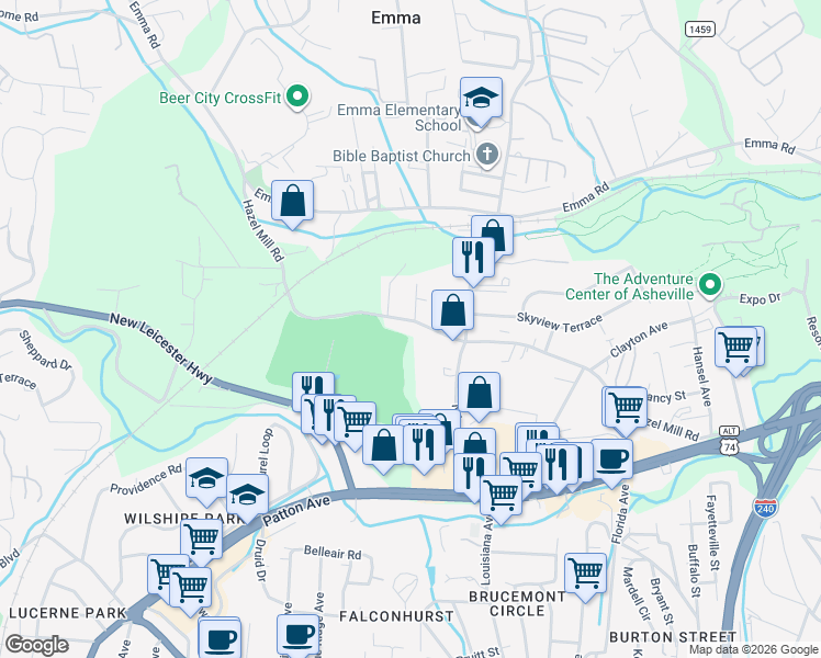 map of restaurants, bars, coffee shops, grocery stores, and more near 416 Hazel Mill Road in Asheville