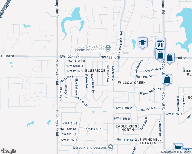 map of restaurants, bars, coffee shops, grocery stores, and more near 12000 Moon Beam Drive in Oklahoma City