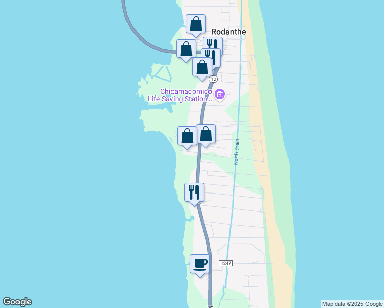 map of restaurants, bars, coffee shops, grocery stores, and more near 23902 North Carolina Highway 12 in Rodanthe