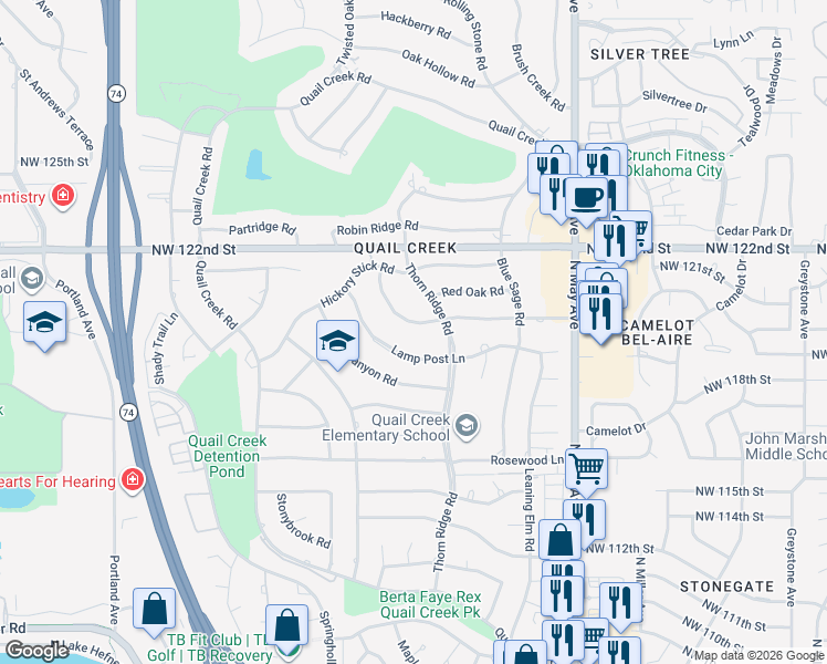 map of restaurants, bars, coffee shops, grocery stores, and more near 3120 Pine Ridge Road in Oklahoma City