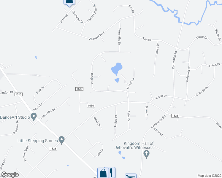 map of restaurants, bars, coffee shops, grocery stores, and more near 118 South Ridge Drive in Garner