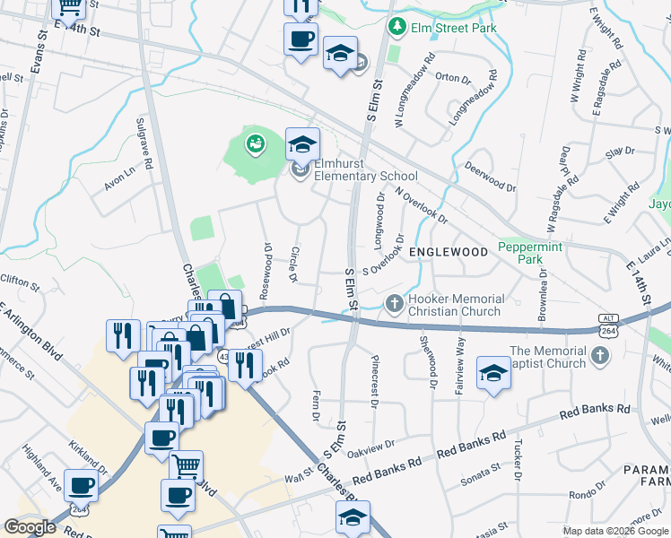 map of restaurants, bars, coffee shops, grocery stores, and more near 1106 South Overlook Drive in Greenville