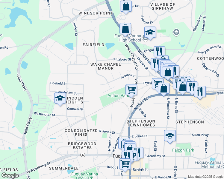 map of restaurants, bars, coffee shops, grocery stores, and more near 312 Stone Path Drive in Fuquay Varina