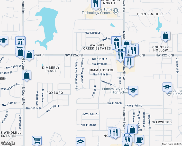 map of restaurants, bars, coffee shops, grocery stores, and more near 7325 Northwest 118th Street in Oklahoma City