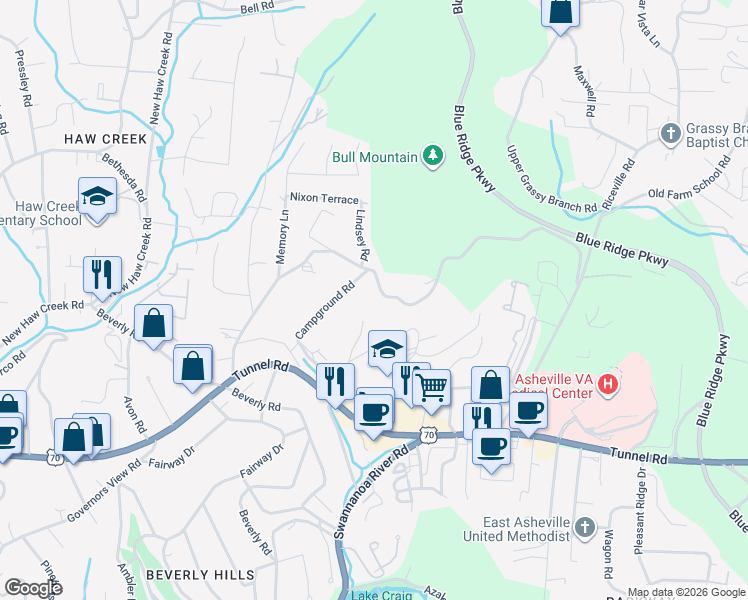 map of restaurants, bars, coffee shops, grocery stores, and more near 107 Bull Mountain Road in Asheville