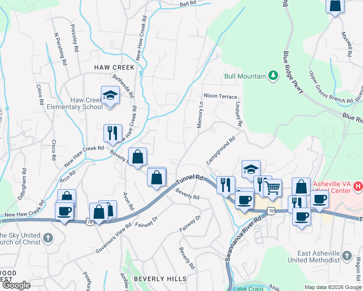 map of restaurants, bars, coffee shops, grocery stores, and more near 18 Bull Mountain Road in Asheville