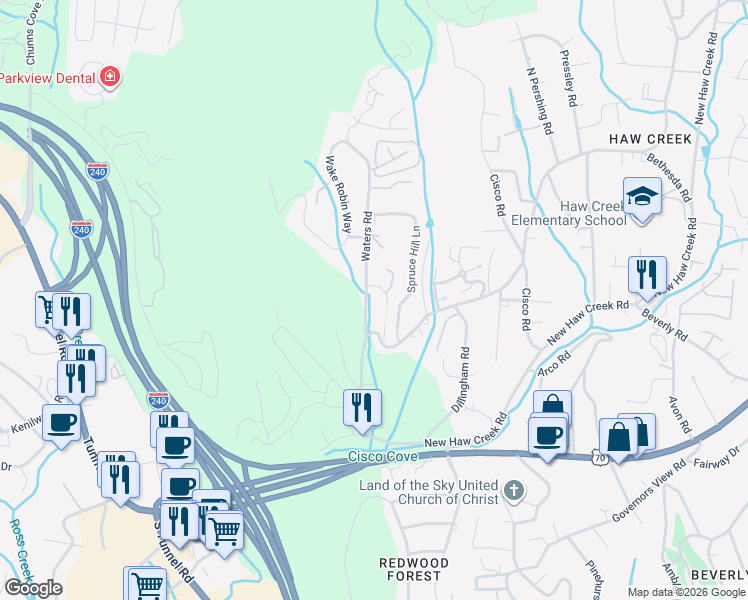 map of restaurants, bars, coffee shops, grocery stores, and more near 99999 Manchester Drive in Asheville