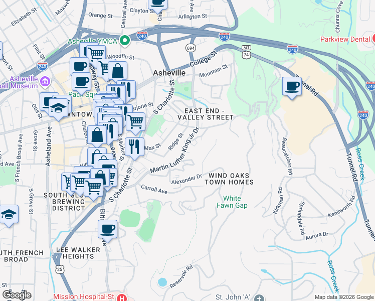 map of restaurants, bars, coffee shops, grocery stores, and more near 28 Martin Luther King Junior Drive in Asheville