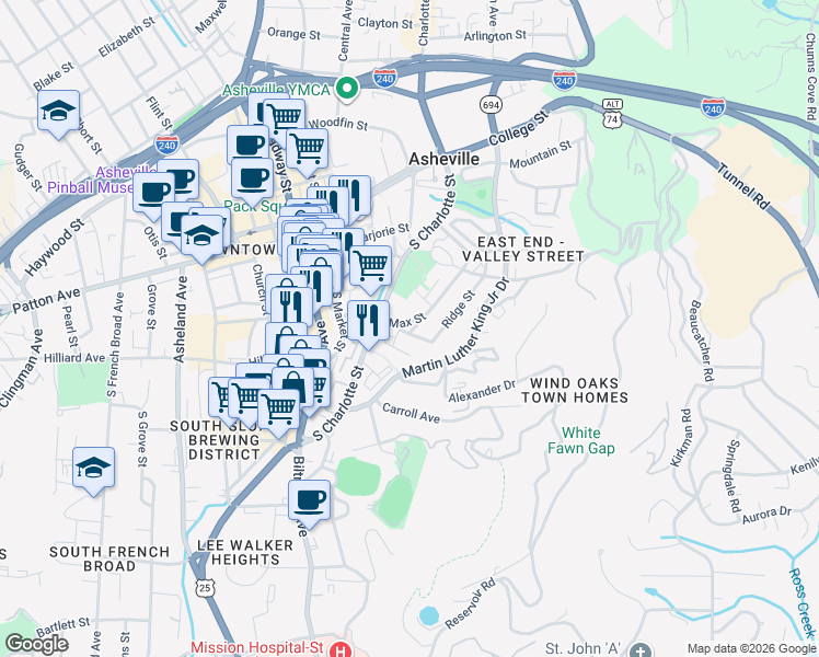 map of restaurants, bars, coffee shops, grocery stores, and more near 2 Dundee Street in Asheville