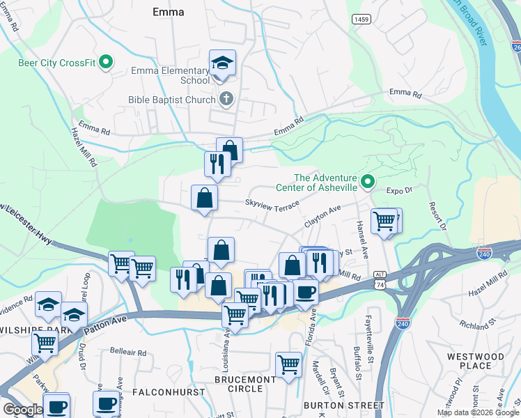 map of restaurants, bars, coffee shops, grocery stores, and more near 39 Skyview Terrace in Asheville