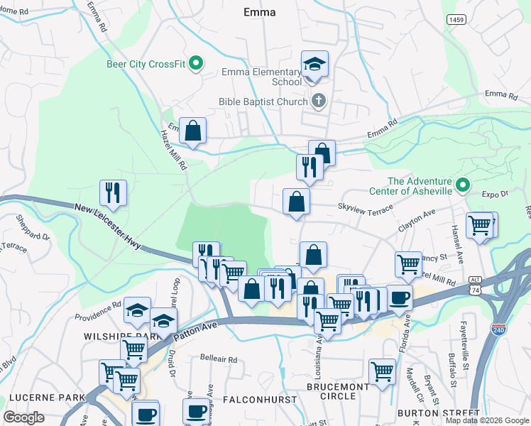 map of restaurants, bars, coffee shops, grocery stores, and more near 438 Hazel Mill Road in Asheville