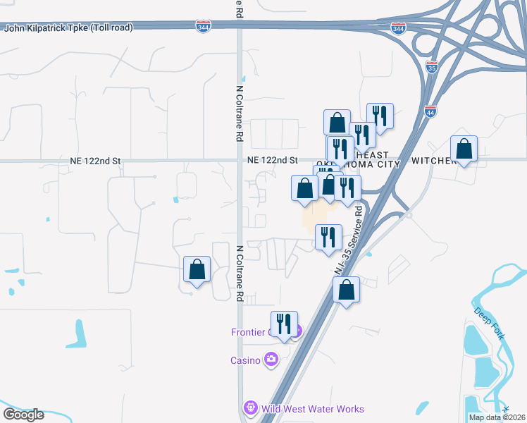 map of restaurants, bars, coffee shops, grocery stores, and more near 12100 Woodland Hills Way in Oklahoma City