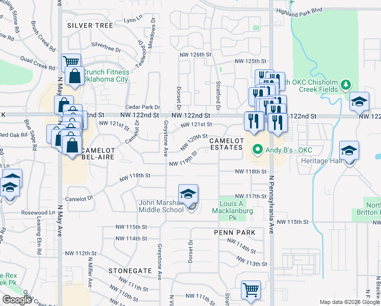 map of restaurants, bars, coffee shops, grocery stores, and more near 2332 Northwest 119th Street in Oklahoma City