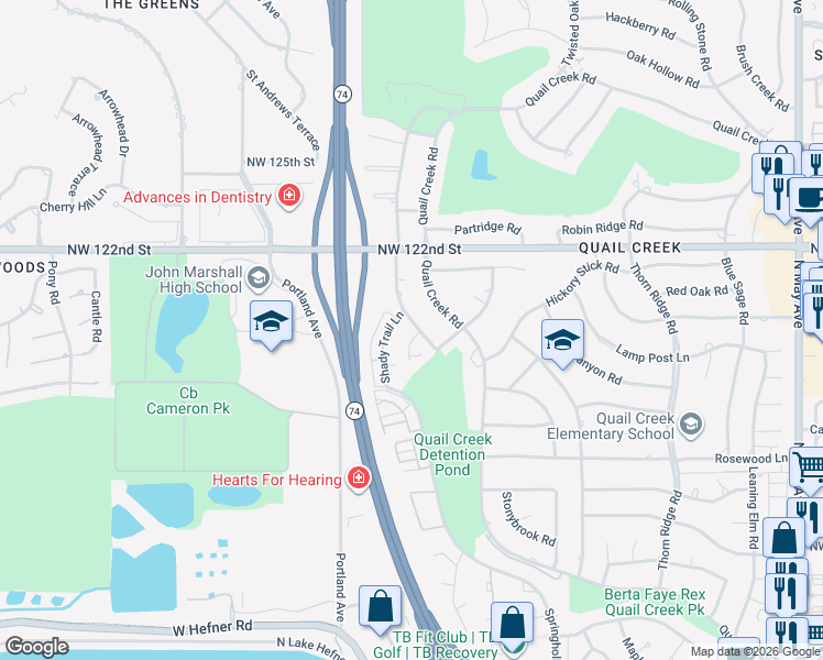 map of restaurants, bars, coffee shops, grocery stores, and more near 11917 Maple Hollow Court in Oklahoma City