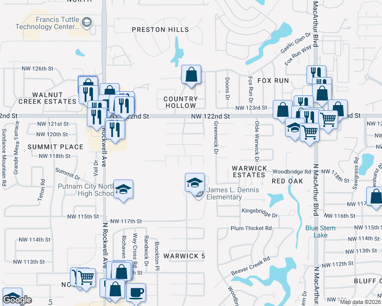 map of restaurants, bars, coffee shops, grocery stores, and more near 6613 Northwest 118th Street in Oklahoma City