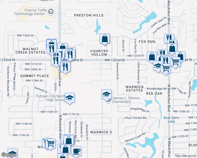 map of restaurants, bars, coffee shops, grocery stores, and more near 6701 Northwest 118th Street in Oklahoma City