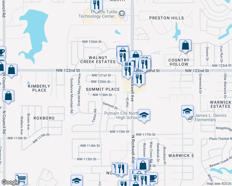 map of restaurants, bars, coffee shops, grocery stores, and more near 7209 Northwest 118th Street in Oklahoma City