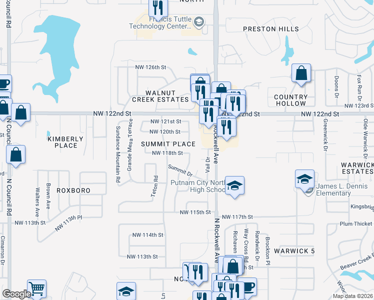 map of restaurants, bars, coffee shops, grocery stores, and more near 7209 Northwest 118th Street in Oklahoma City