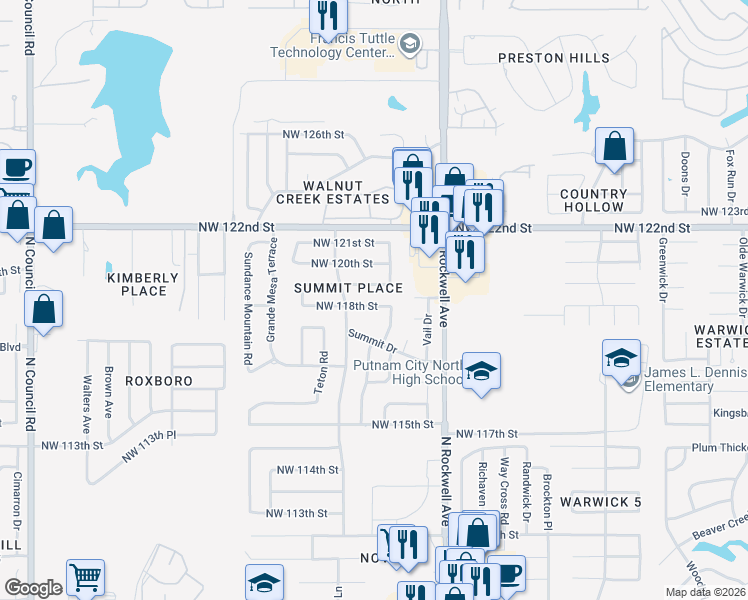 map of restaurants, bars, coffee shops, grocery stores, and more near 7209 Northwest 118th Street in Oklahoma City