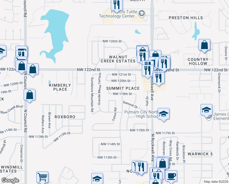 map of restaurants, bars, coffee shops, grocery stores, and more near 7321 Northwest 118th Street in Oklahoma City