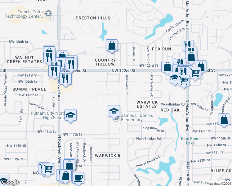 map of restaurants, bars, coffee shops, grocery stores, and more near 6613 Northwest 118th Street in Oklahoma City