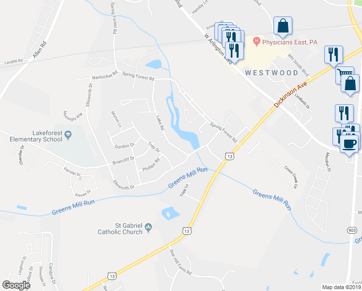 map of restaurants, bars, coffee shops, grocery stores, and more near 230 Lake Road in Greenville