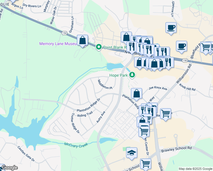 map of restaurants, bars, coffee shops, grocery stores, and more near 138 Middleton Place in Mooresville